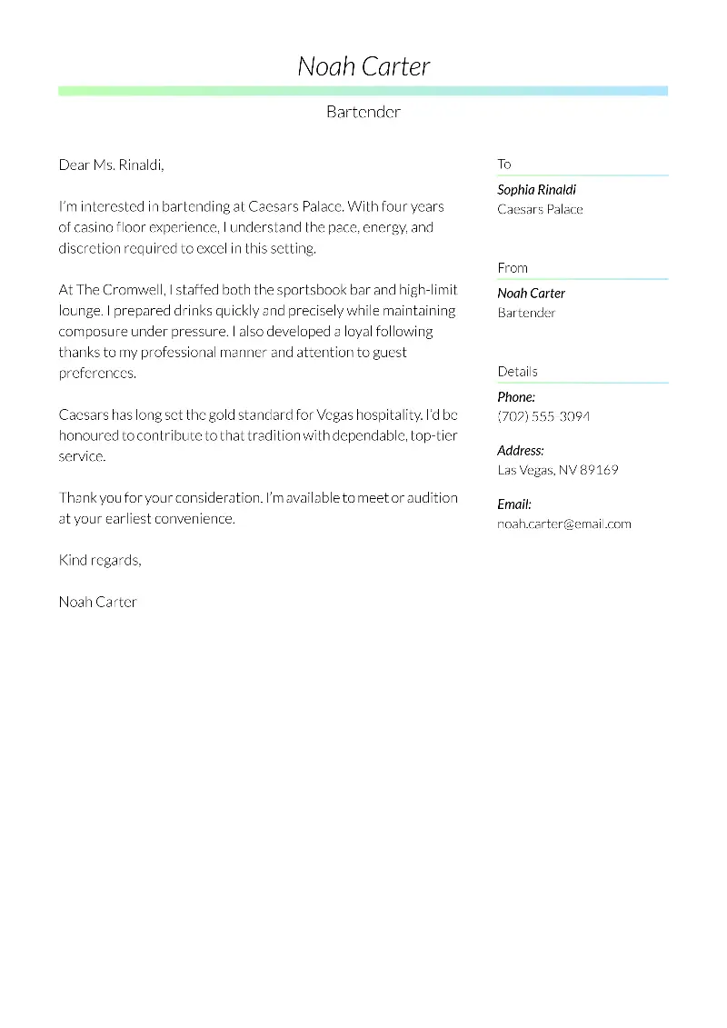 Bartender Cover Letter