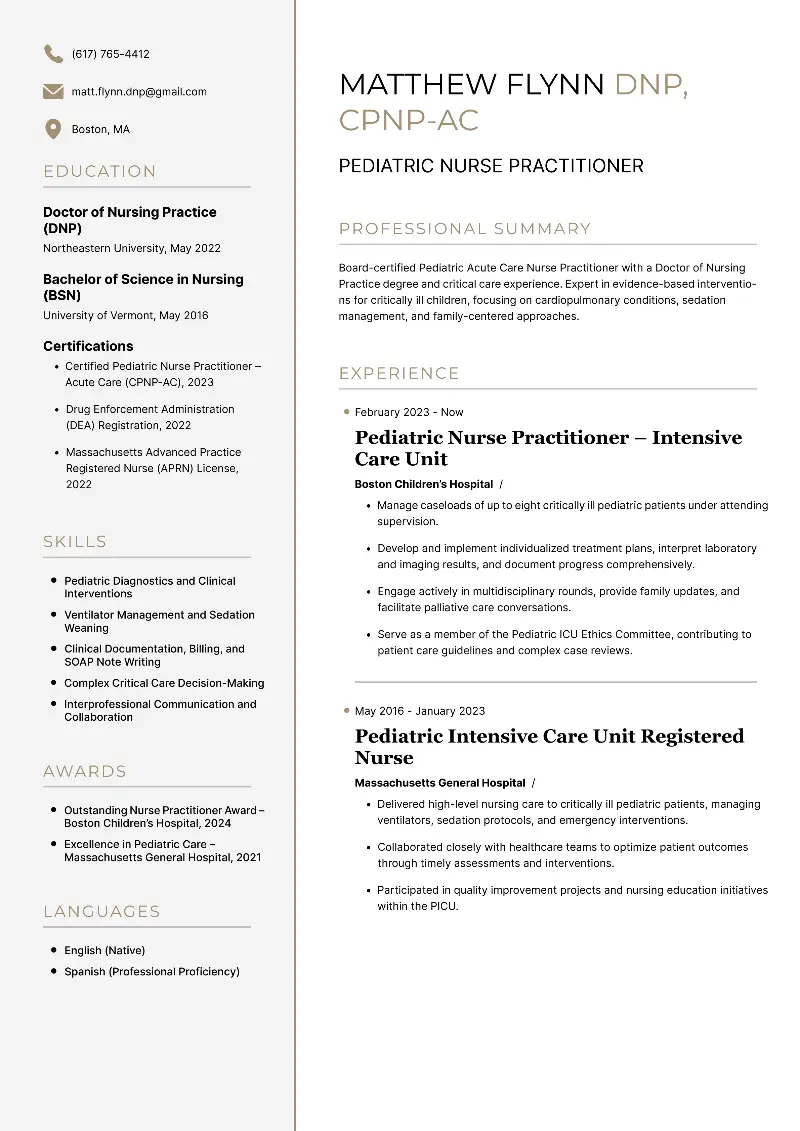 Pediatric Nurse Practitioner Resume