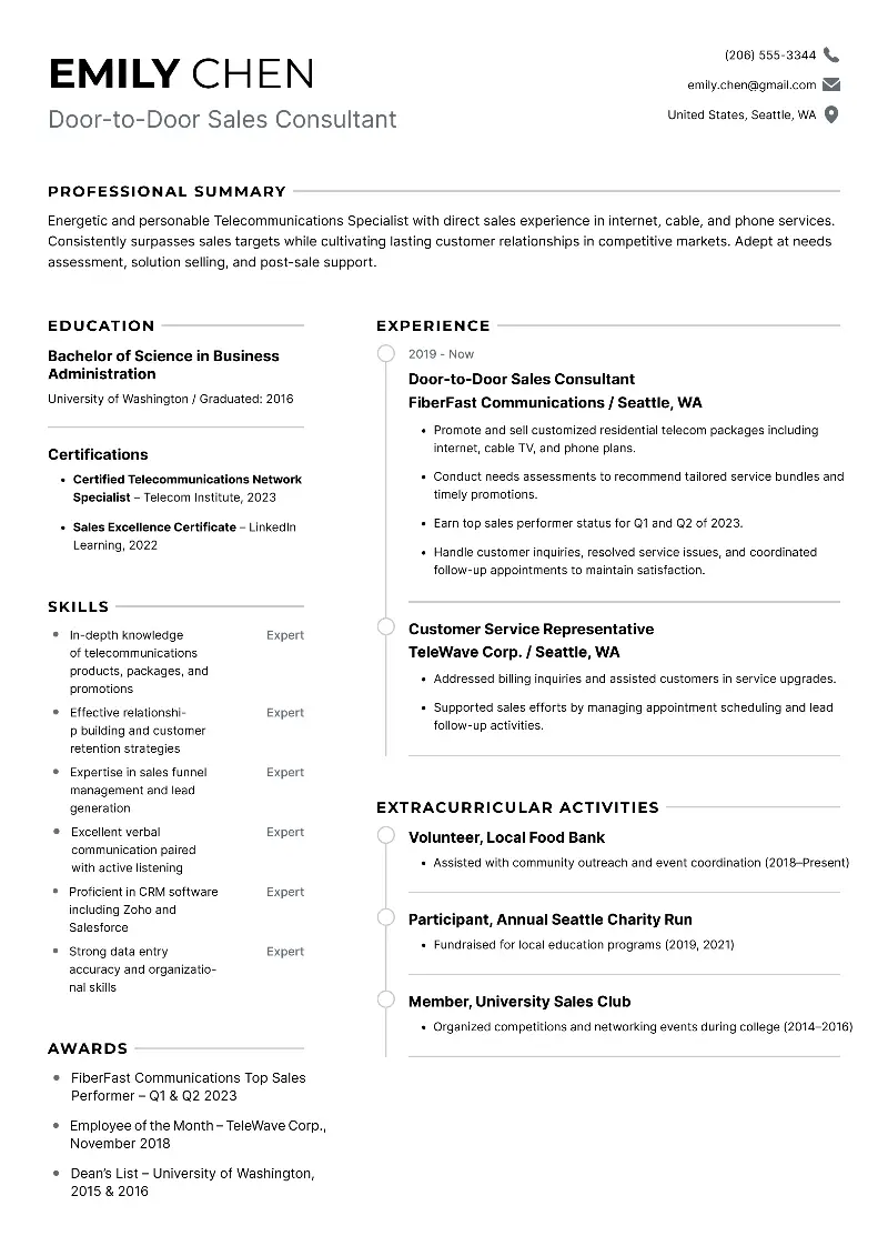 Door-to-Door Sales Consultant  Resume