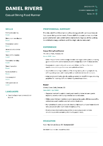 Casual Dining Food Runner CV