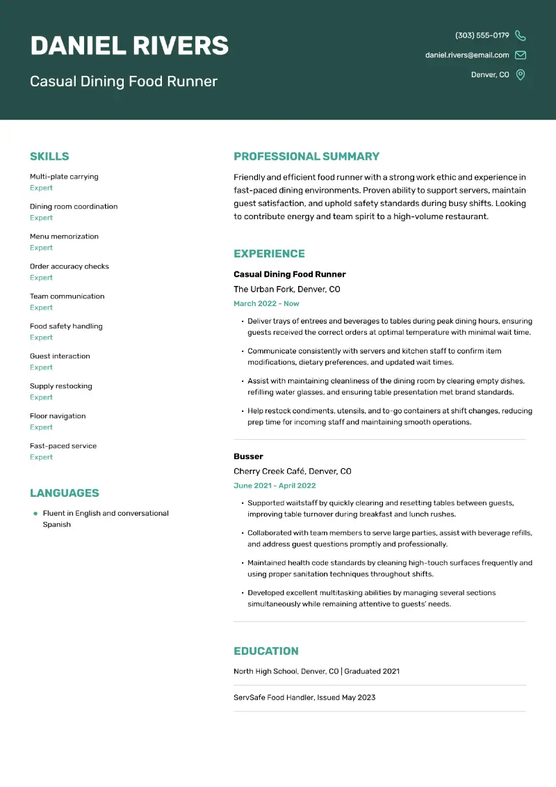 Food Runner Resume: Examples, Skills & Experience