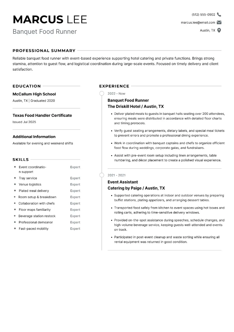 Banquet Food Runner Resume