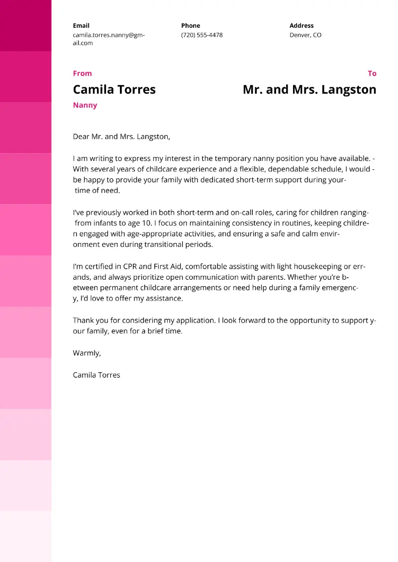 Nanny Cover Letter