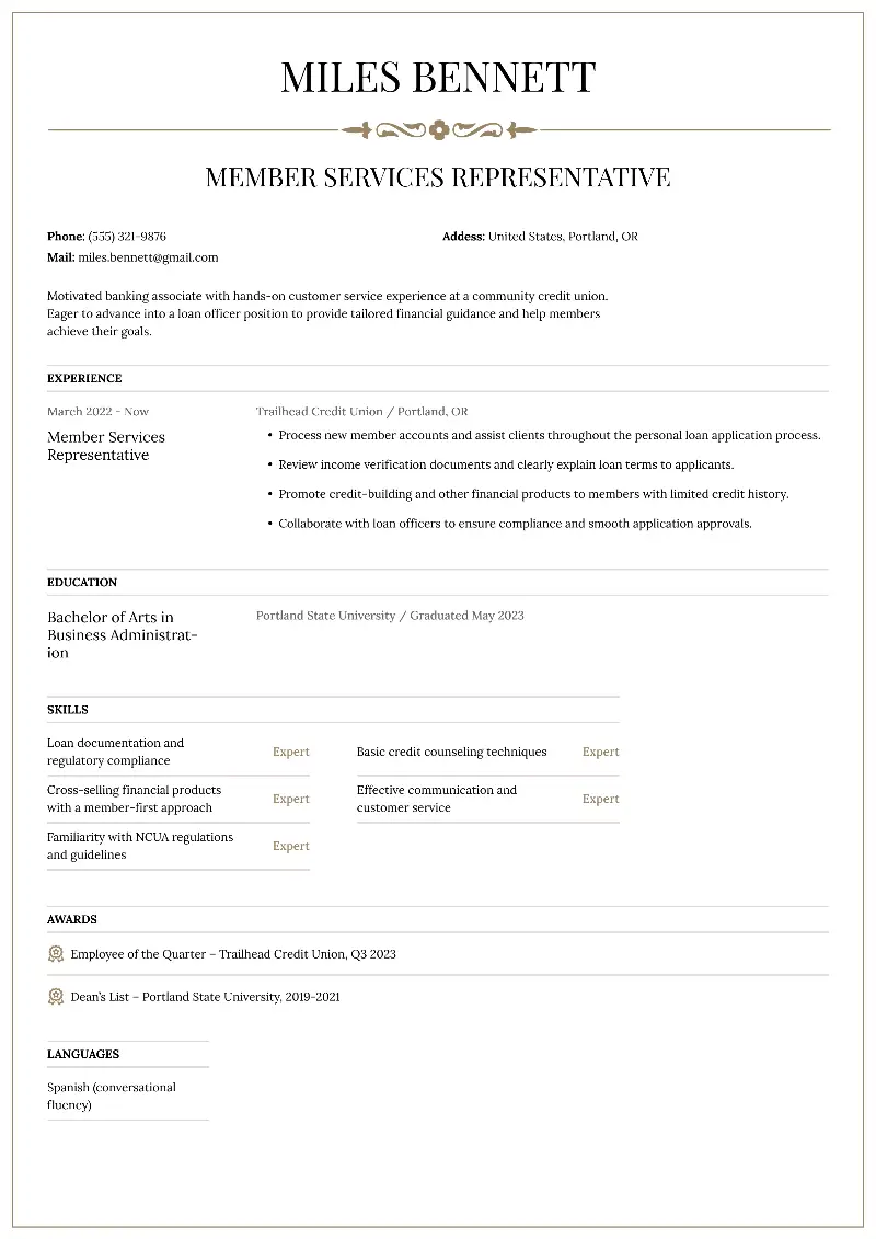 Member Services Representative  Resume