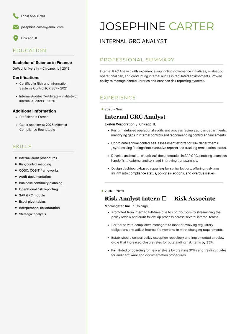 Internal GRC Analyst Resume