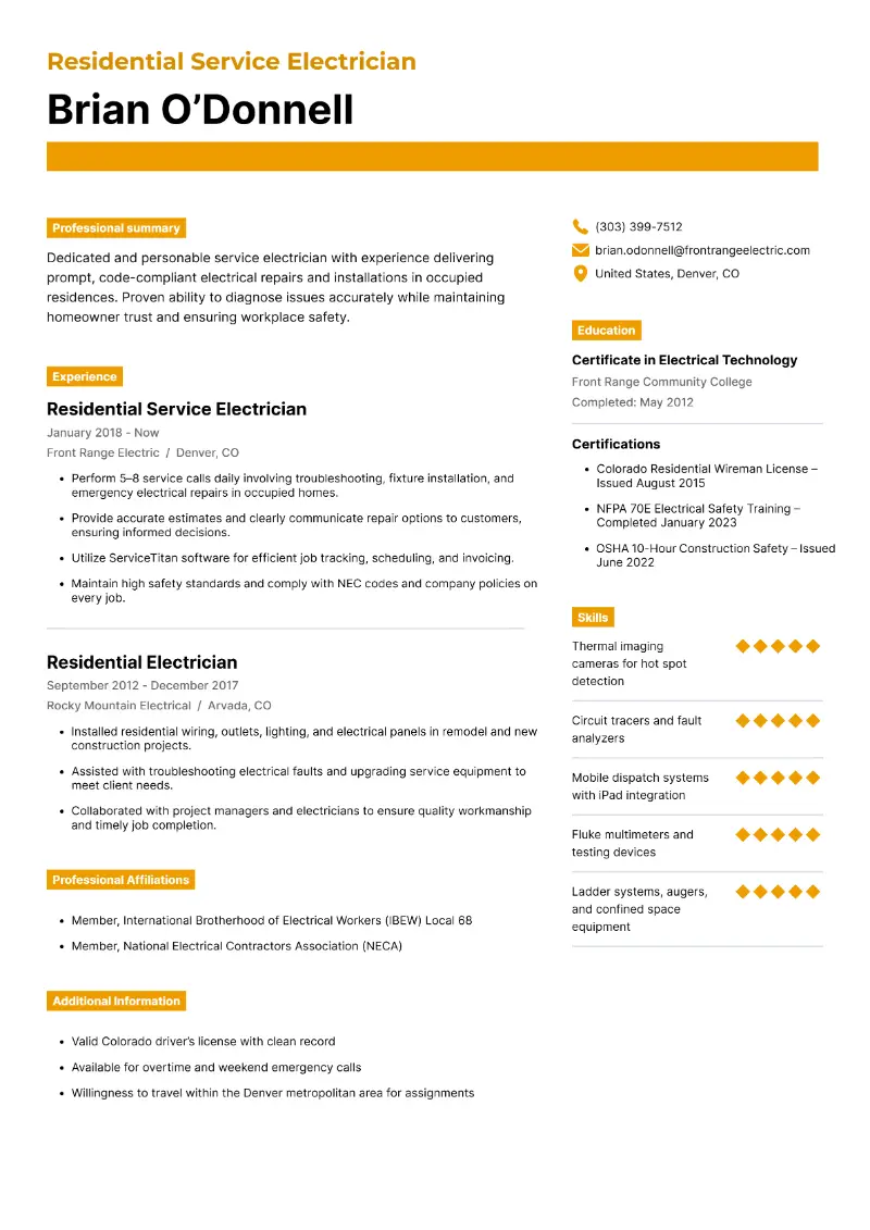 Residential Service Electrician Resume