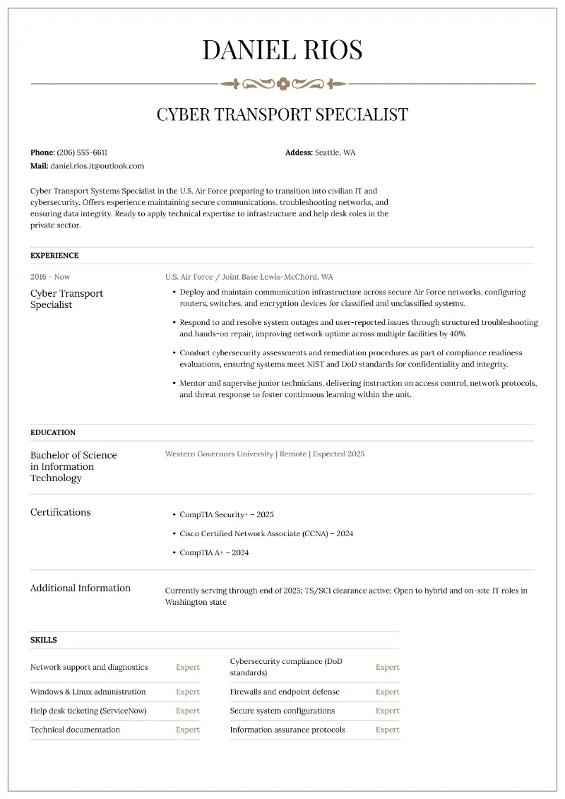 Cyber Transport Specialist Resume