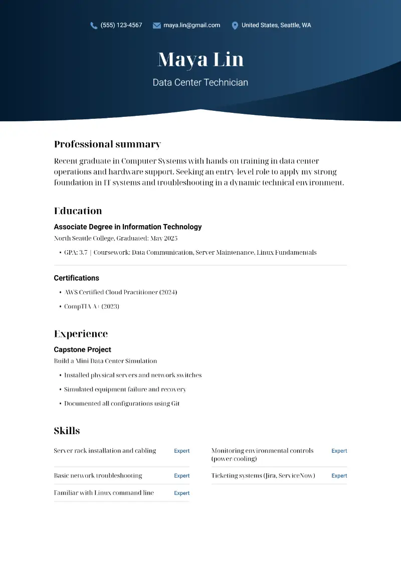 Data Center Technician Resume