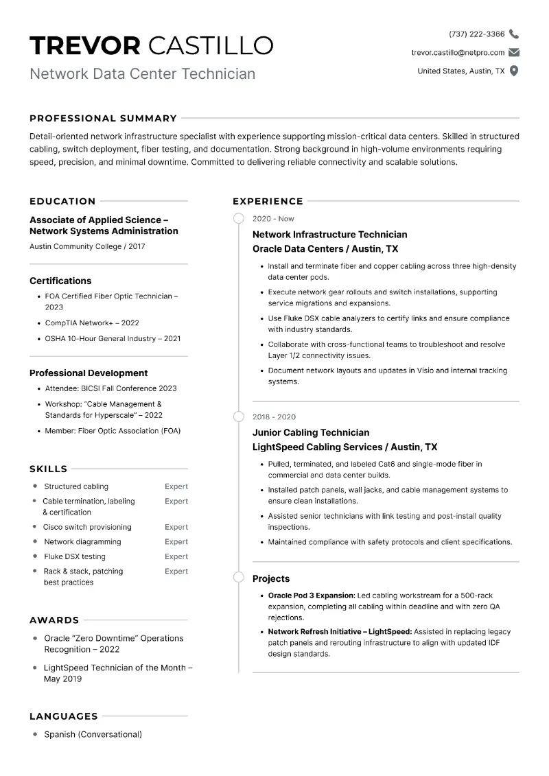 Network Data Center Technician Resume