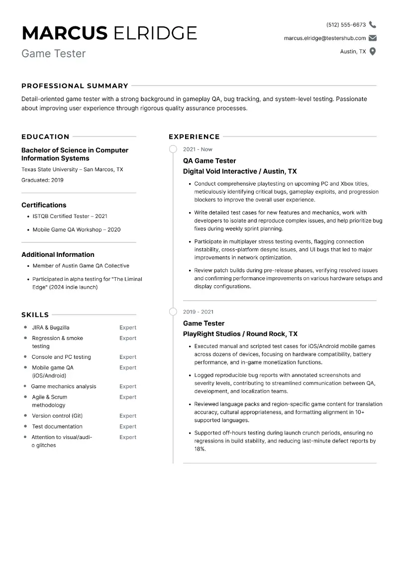 Game Tester  Resume