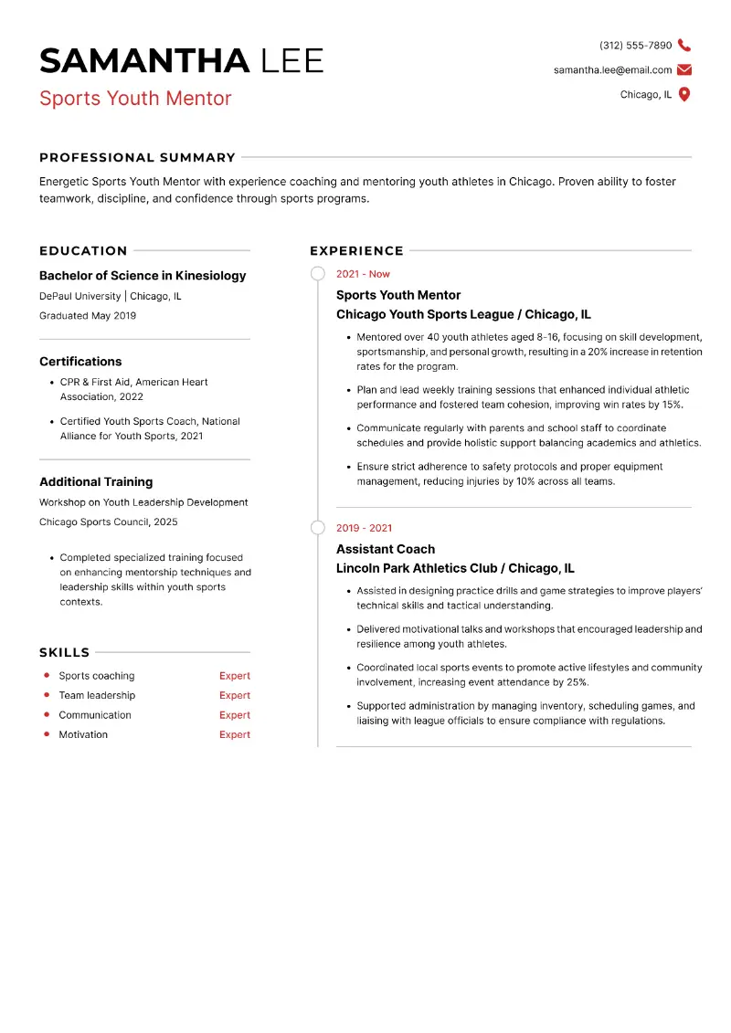 Sports Youth Mentor Resume