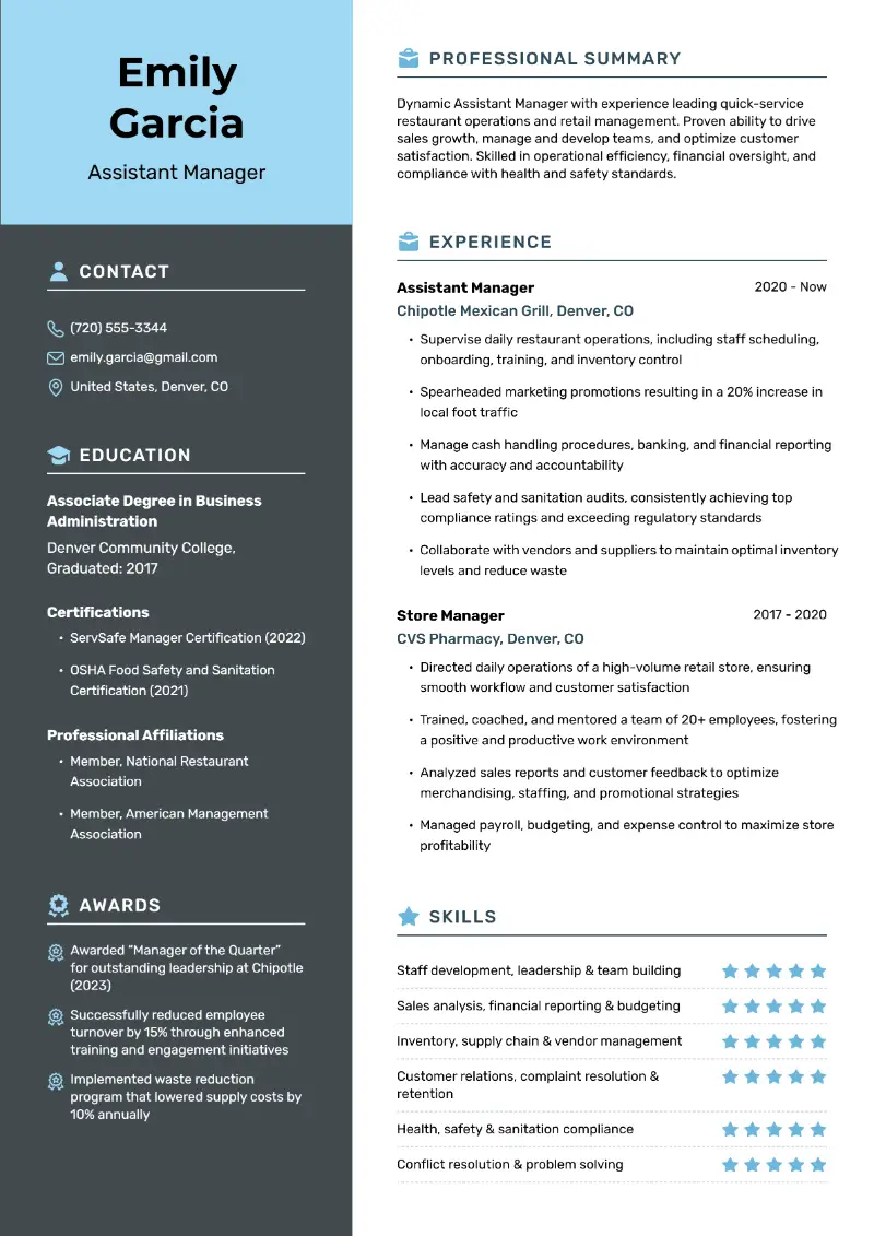 Assistant Manager Resume