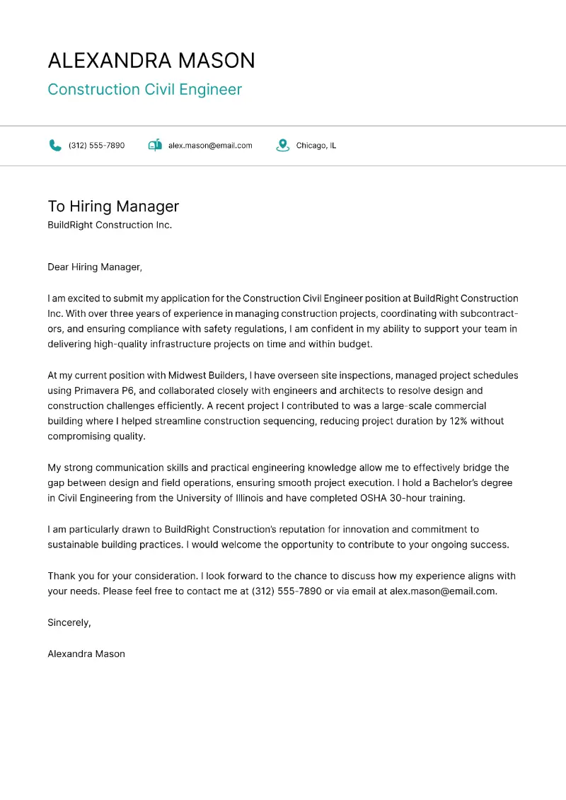 Construction Civil Engineer Cover Letter