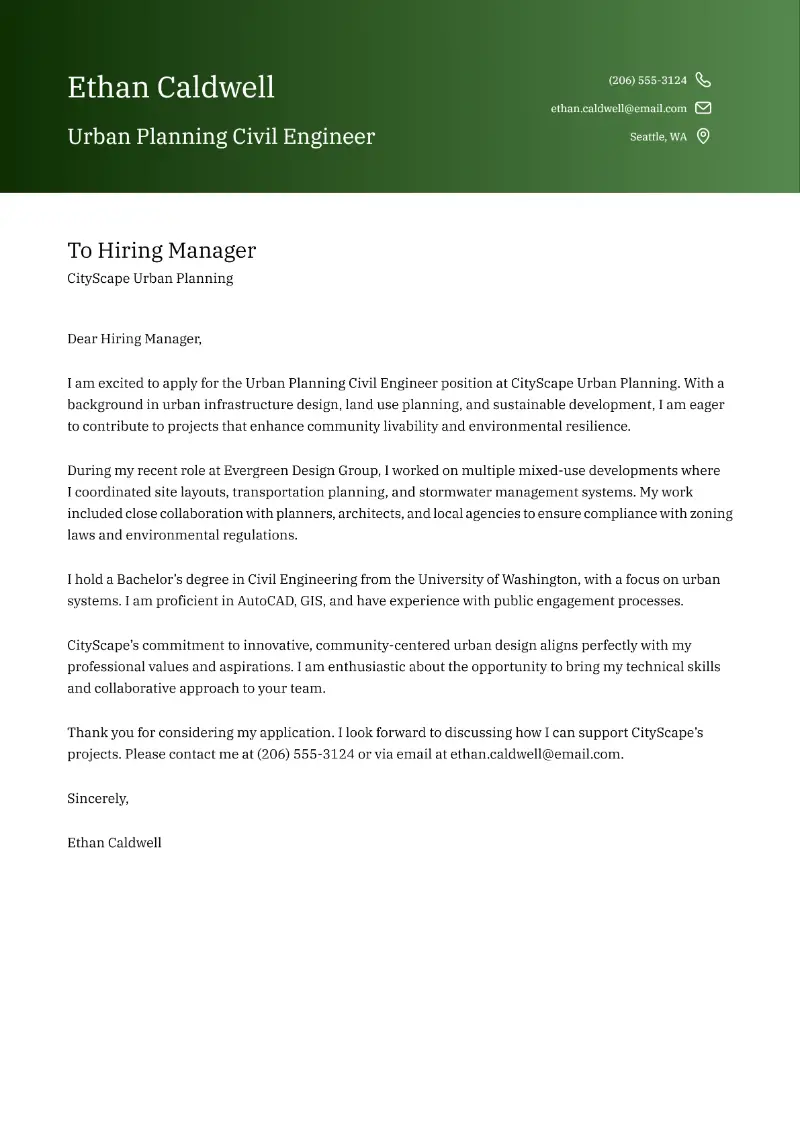 Urban Planning Civil Engineer Cover Letter