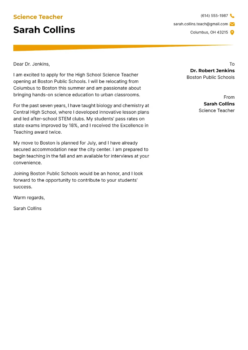 Science Teacher Cover Letter