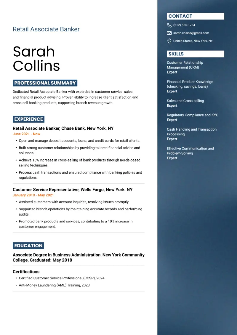 Retail Associate Banker Resume