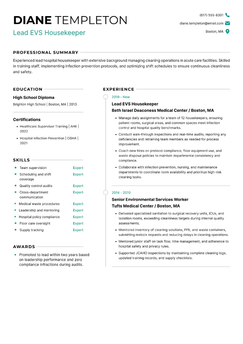 Lead EVS Housekeeper Resume
