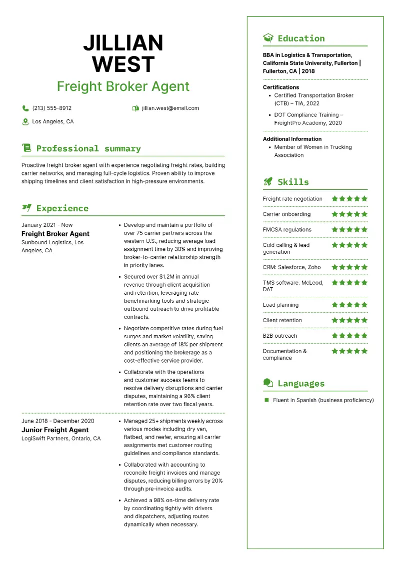 Freight Broker Agent Resume