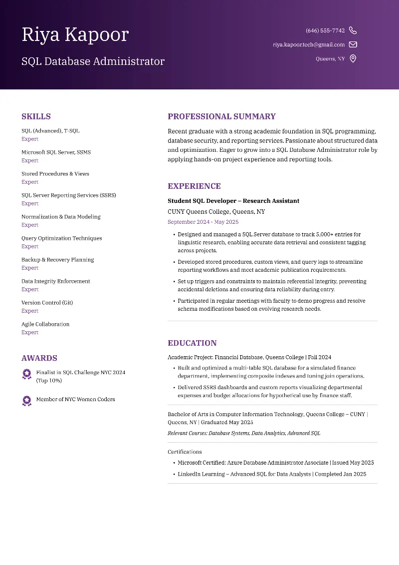 SQL Database Administrator Resume