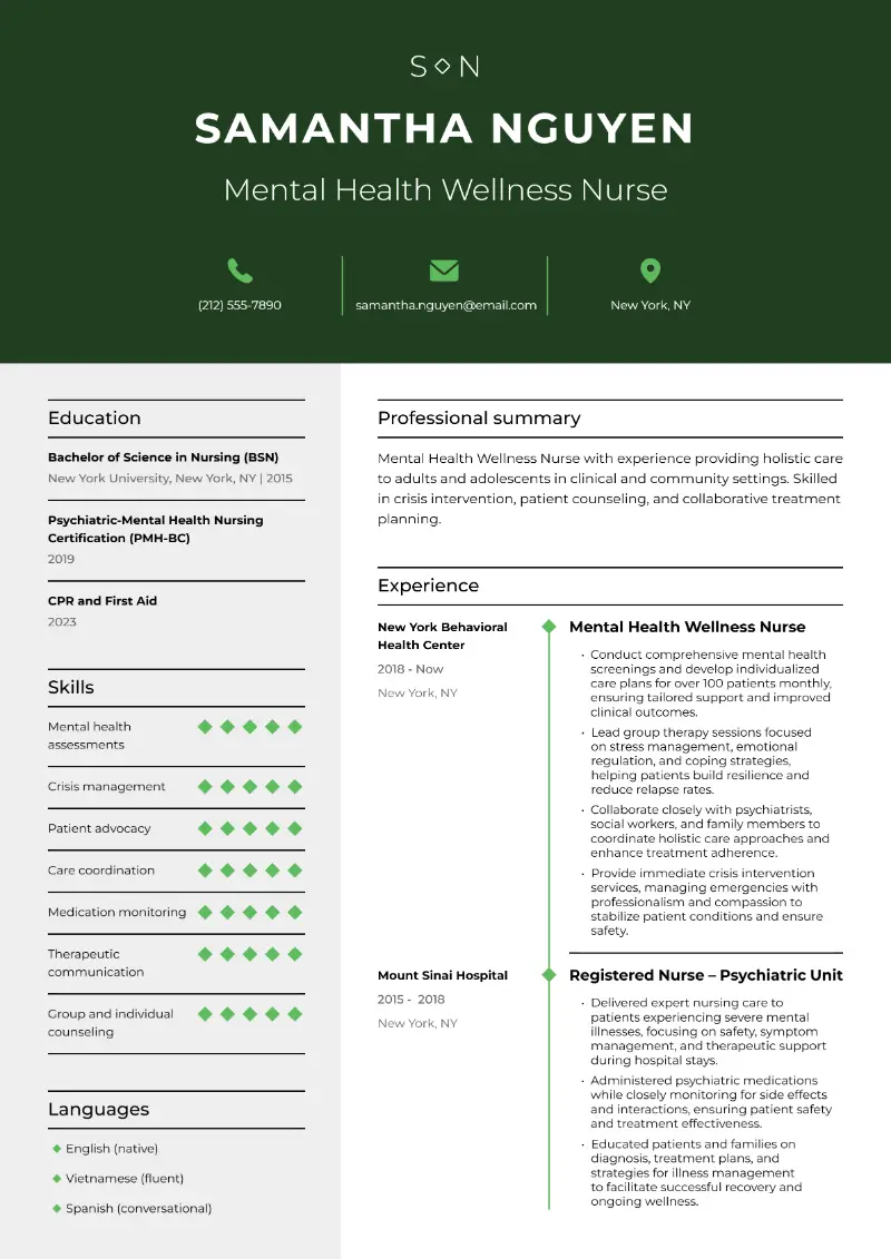 Mental Health Wellness Nurse Resume