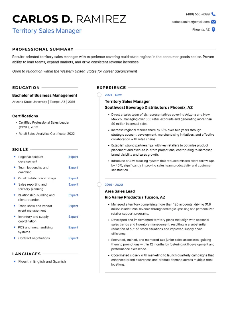 Territory Sales Manager Resume