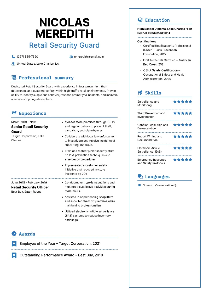 Retail Security Guard Resume Retail Security Guard Resume