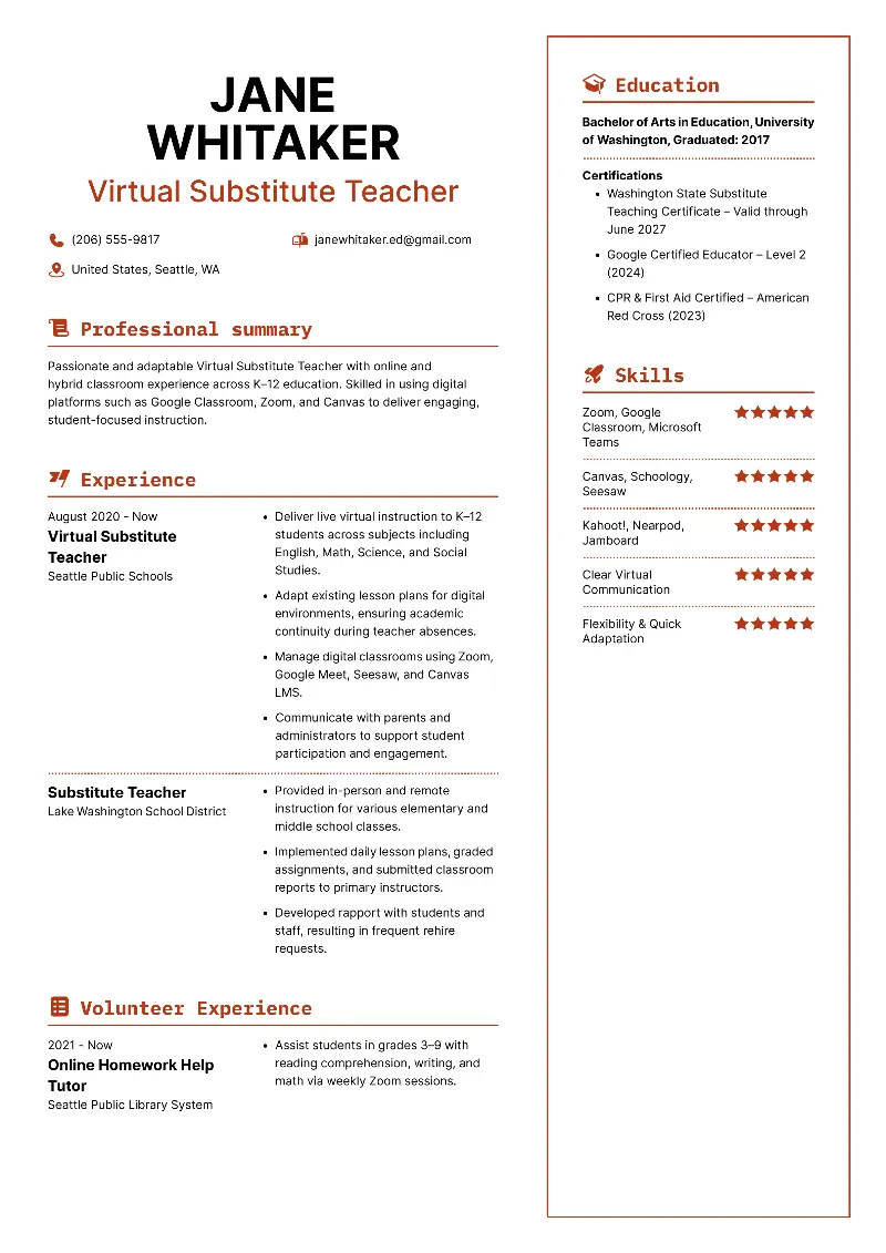 Virtual Substitute Teacher Resume