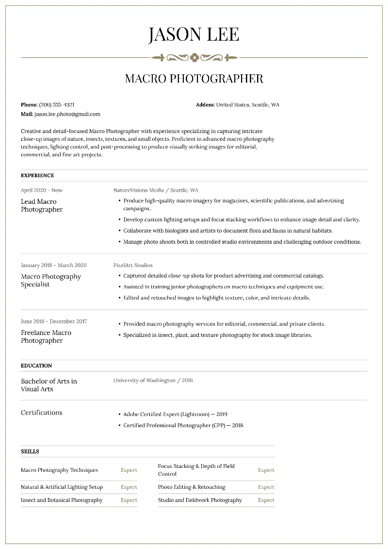 Macro Photographer Resume Macro Photographer Resume