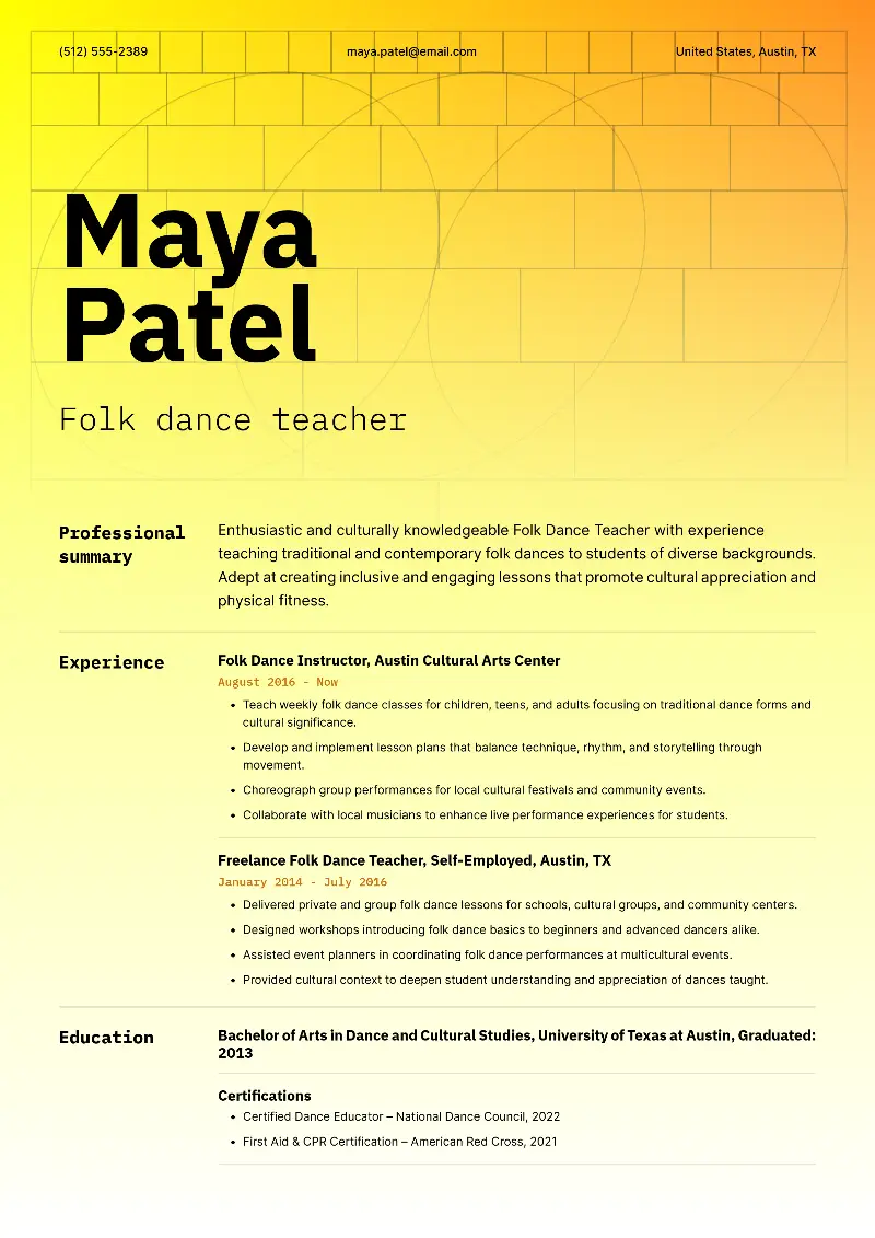 Folk dance teacher Resume