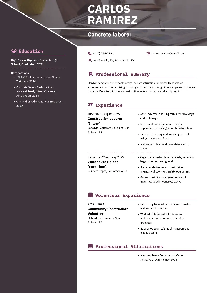 Concrete laborer Resume