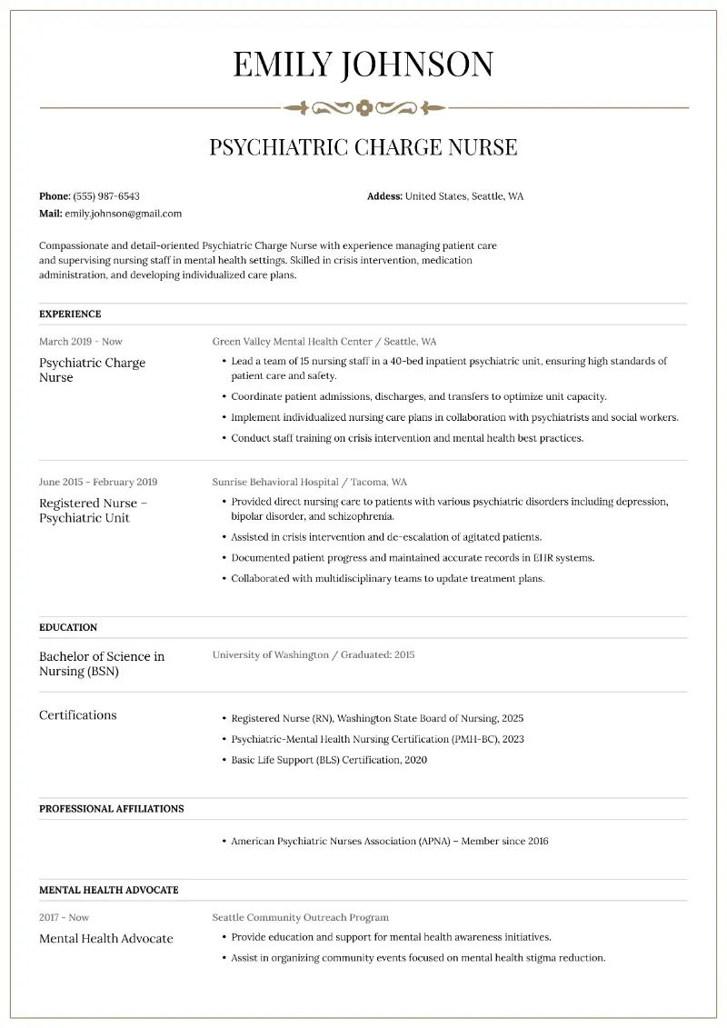 Psychiatric charge nurse Resume Psychiatric charge nurse Resume