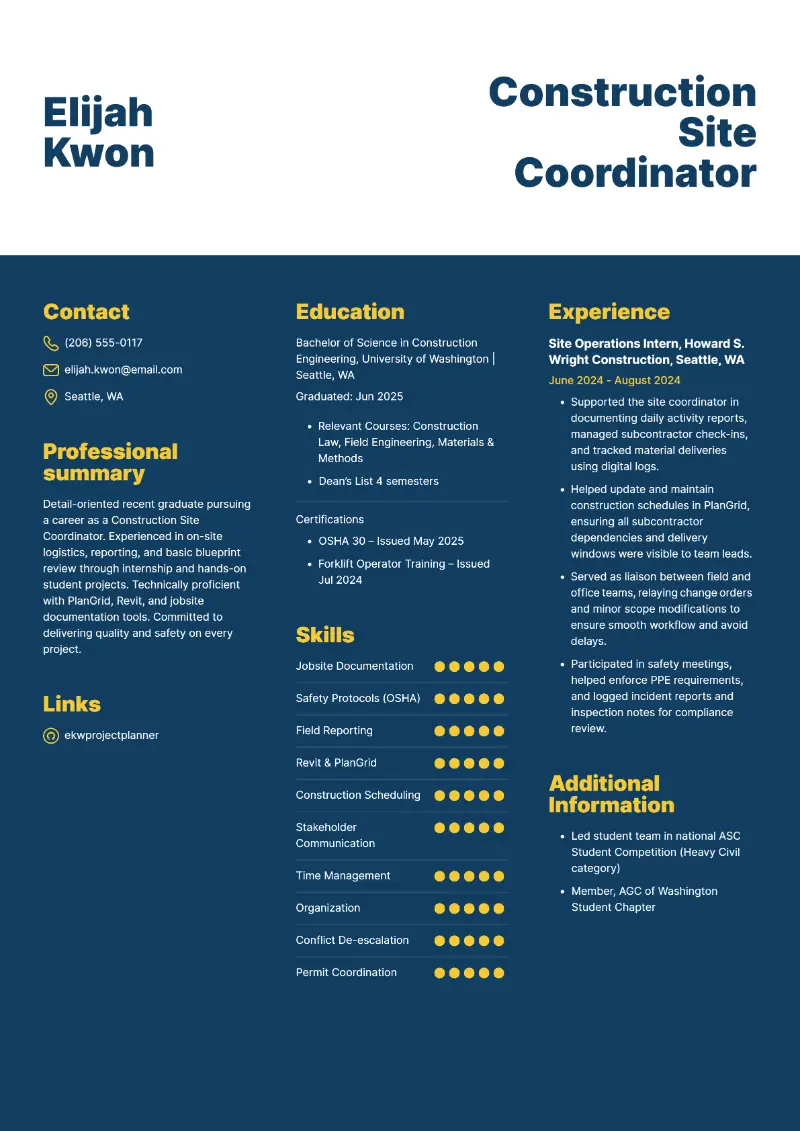 Construction Site Coordinator Resume