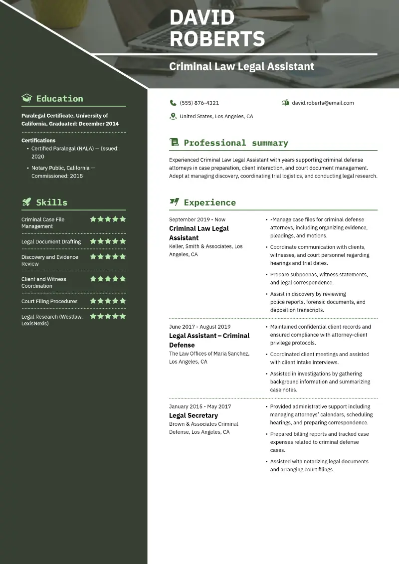 Criminal Law Legal Assistant Resume