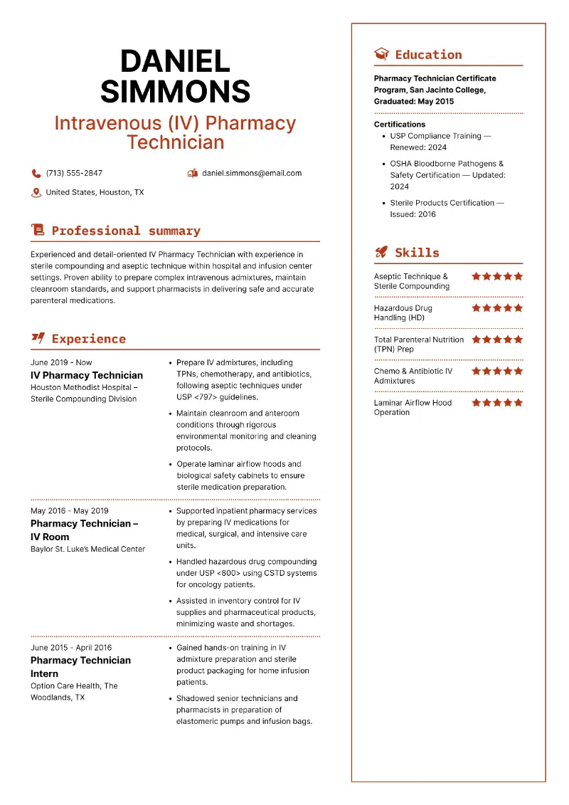 Intravenous (IV) Pharmacy Technician Resume