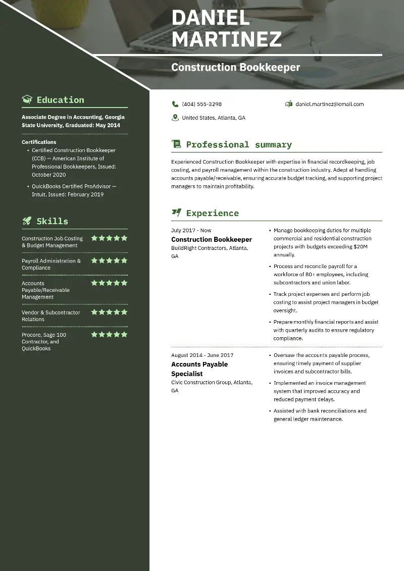 Construction Bookkeeper Resume