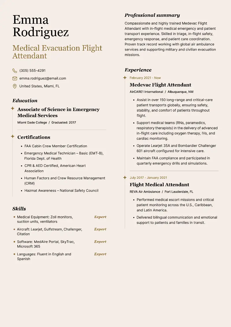 Medical Evacuation Flight Attendant Resume