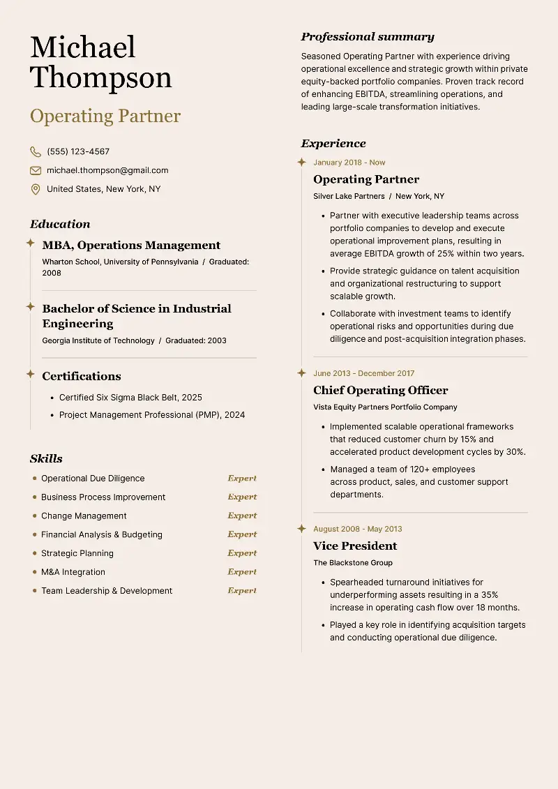 Operating Partner Resume