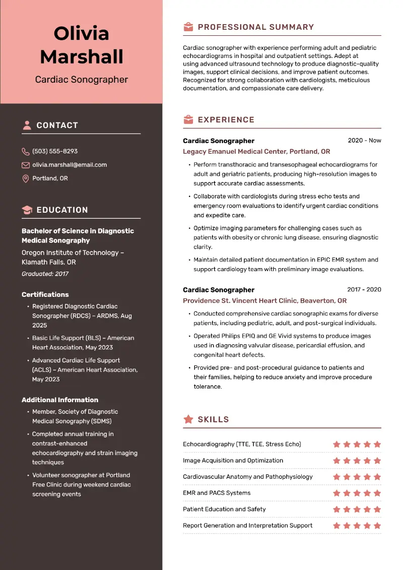 Cardiac Sonographer Resume