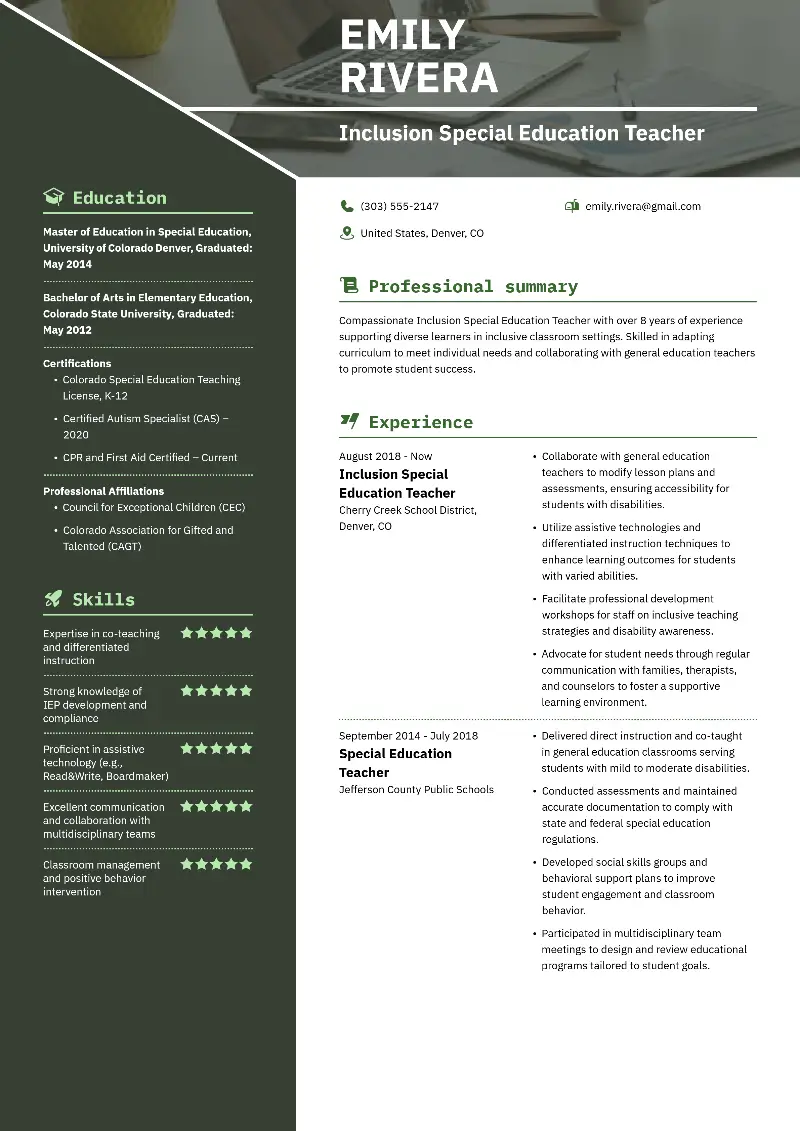 Inclusion Special Education Teacher  Resume