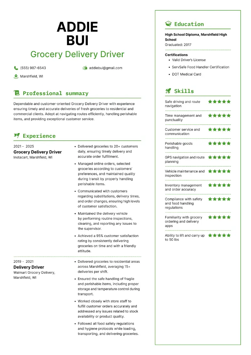 Grocery Delivery Driver Resume