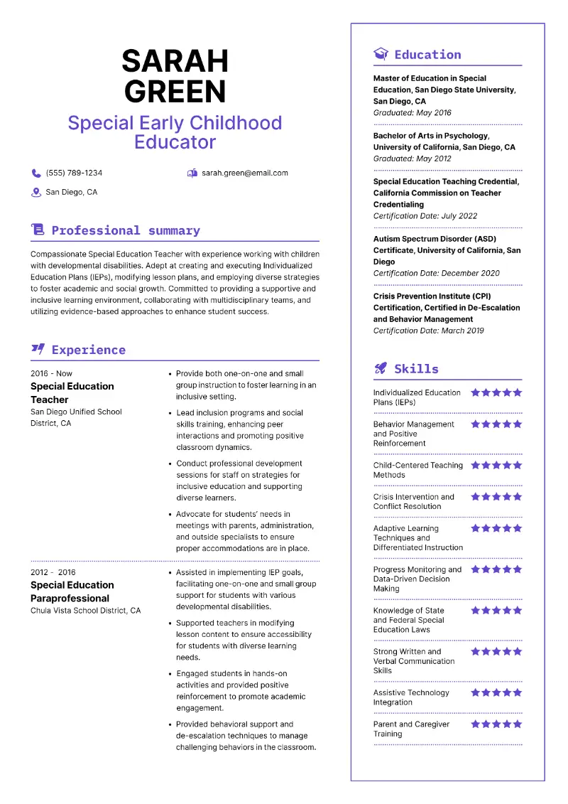 Special Early Childhood Educator Resume