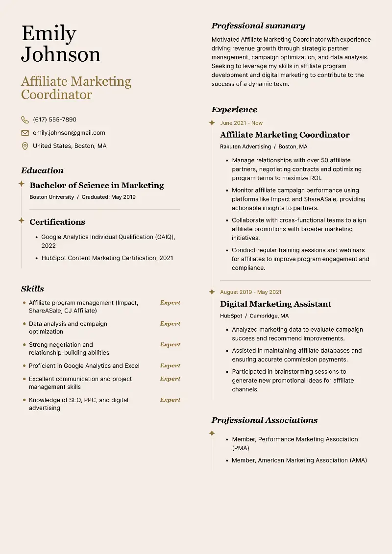 Affiliate Marketing Coordinator  Resume