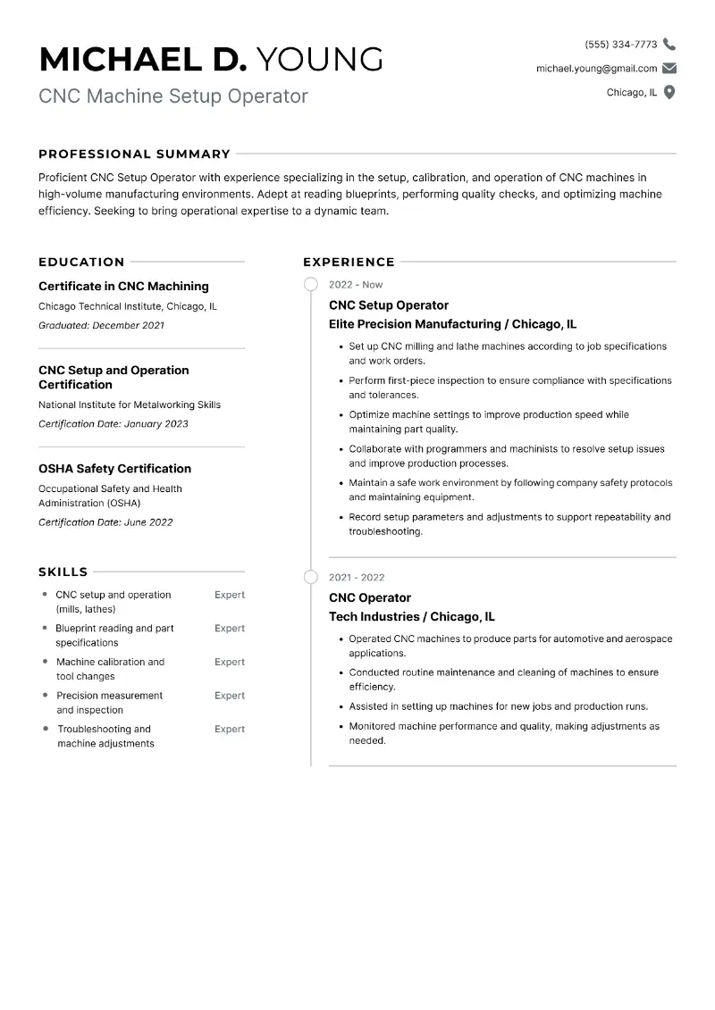 CNC Machine Setup Operator Resume