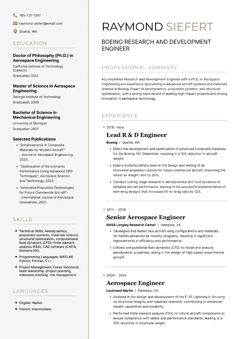 Boeing Research and Development Engineer Resume