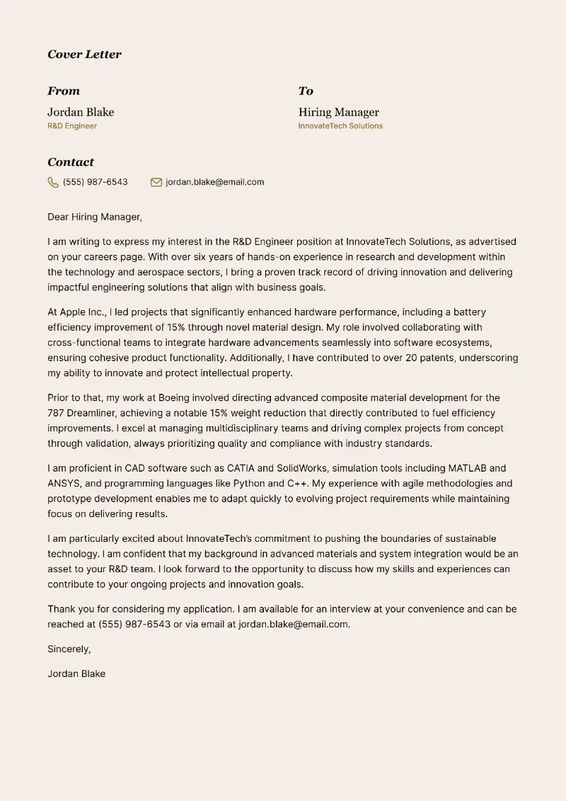 R&D Engineer Cover Letter