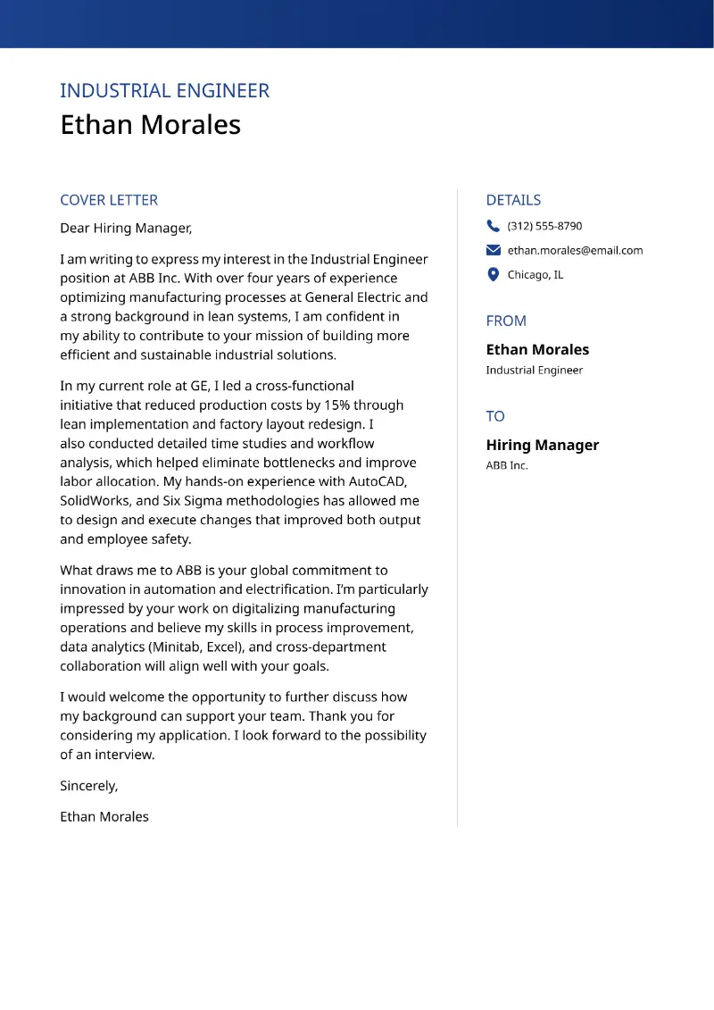 Industrial Engineer Cover Letter