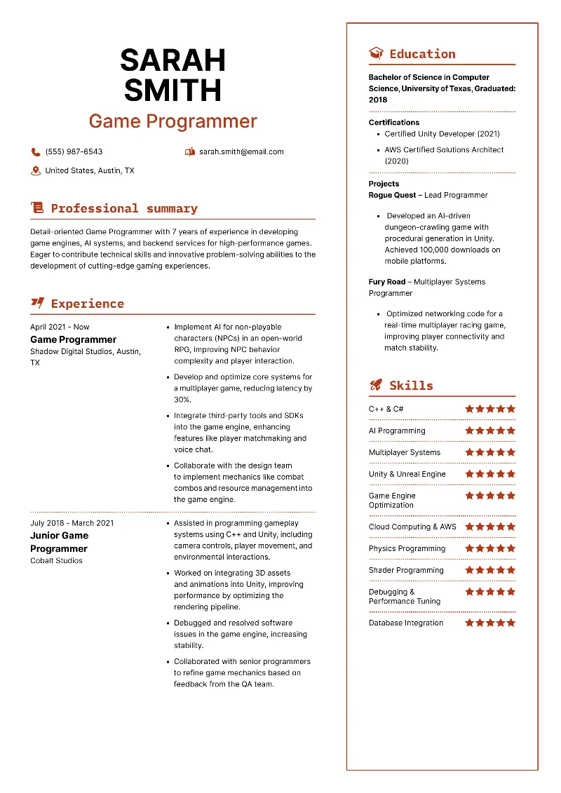 Game Programmer  Resume