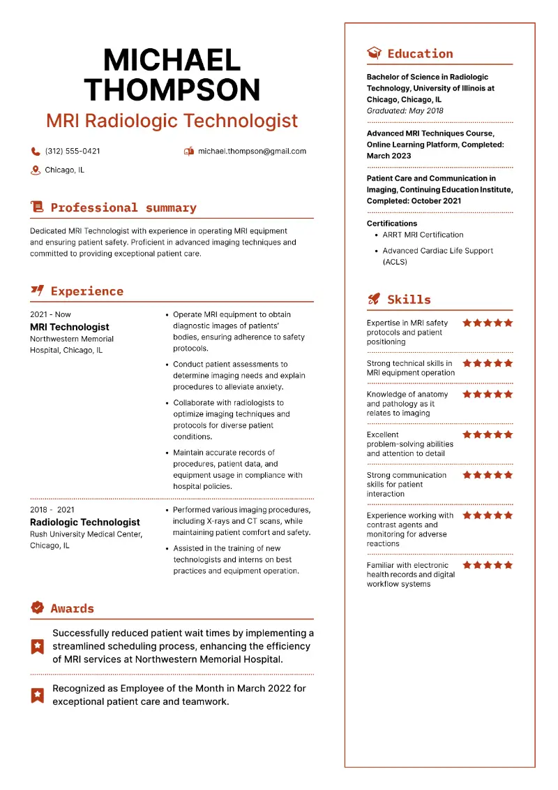 MRI Radiologic Technologist Resume