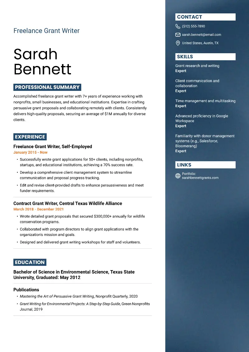Freelance Grant Writer  Resume