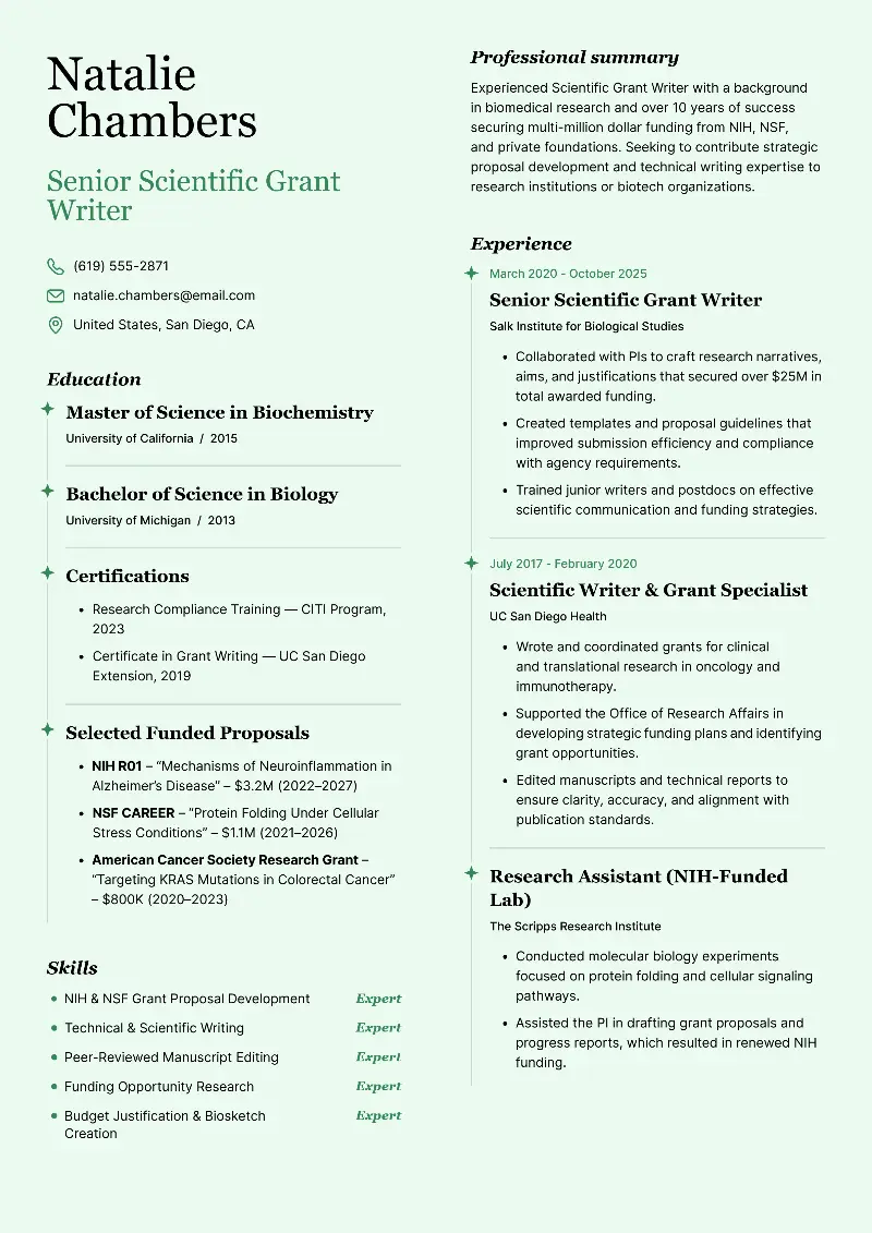 Senior Scientific Grant Writer Resume